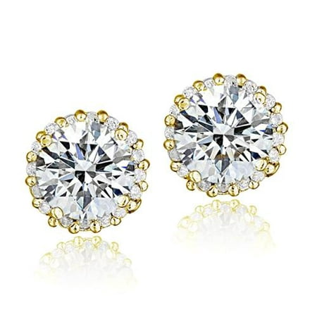 Gold Tone over Sterling Silver 100 Facets Cubic Zirconia Halo Stud Earrings (2cttw)