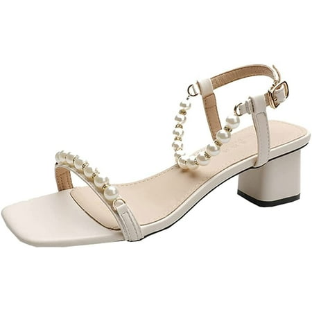 CoCopeaunts Women\‘s Ankle Strap Dress Sandals Summer Open Toe Heeled Sandal Pearl Chunky Sandals Shoes for Party Travel