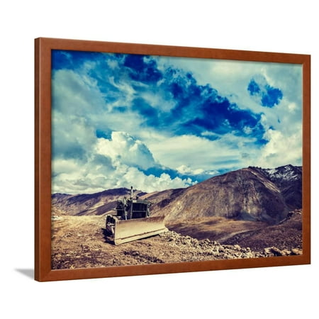 Vintage Retro Effect Filtered Hipster Style Travel Image of Bulldozer on Road in Himalayas. Ladakh, Framed Print Wall Art By f9photos