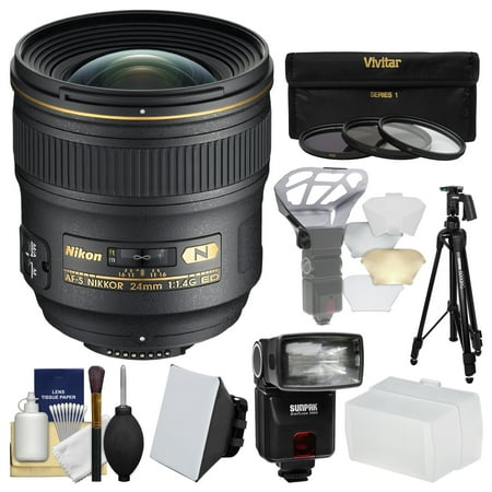 Nikon 24mm f\/1.4 G AF-S Nikkor Lens with iTTL Flash + Diffuser + Tripod + 3 Filters Kit for D3200, D3300, D5300, D5500, D7100, D7200, D610, D750, D810, D4s Camera