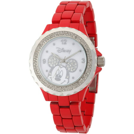 Disney Mickey Mouse Women's Enamel Sparkle Red Alloy Watch, Silver Bezel, Red Bracelet