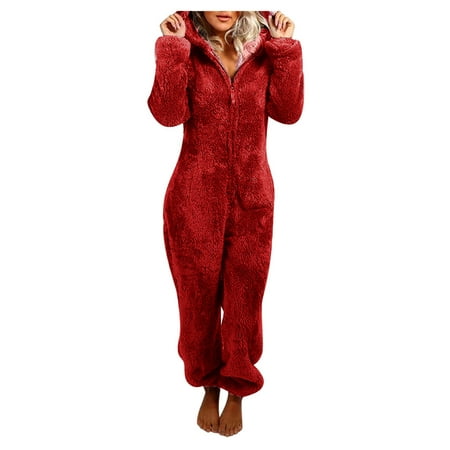 

Overalls for Women Loose Fit Long Sleeve Hooded Jumpsuit Pajamas Casual Winter Warm Rompe Sleepwear Pantsuit Rompers