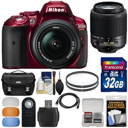 Nikon D5300 Digital SLR Camera & 18-55mm G DX II AF-S Zoom (Red) with 55-200mm DX AF-S Lens + 32GB Card + Case + Filters Kit