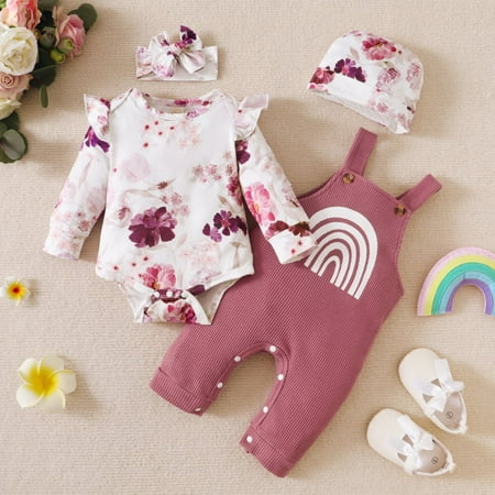 Newborn Baby Girls Clothes Outfits Flower Print Romper Bodysuit Top + Rainbow Backpack Pants + Hairband + Hat Set Clothes 4pcs/Sets 0-18M
Newborn Baby Girls Clothes Outfits Flower Print Romper Bodysuit Top + Rainbow Backpack Pants + Hairband + Hat Set Clothes 4pcs/Sets 0-18M