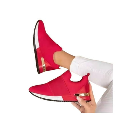 SIMANLAN Ladies Womens Slip On Wedge Sneakers Classic Jogging Flat Shoes Comfort Trainers