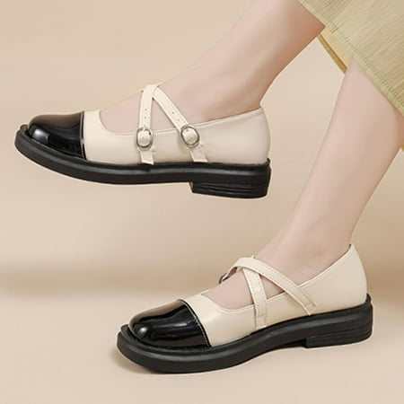 uikmnh Women Shoes Fashion Autumn Women Casual Shoes Cross Strap Buckle Colorblock Round Toe Low Heel Beige 8