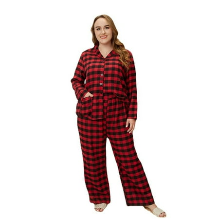 KAWELL Oversize Women s Casual Pajamas Set Soft Casual Long Sleeve Checker Warm Pajamas