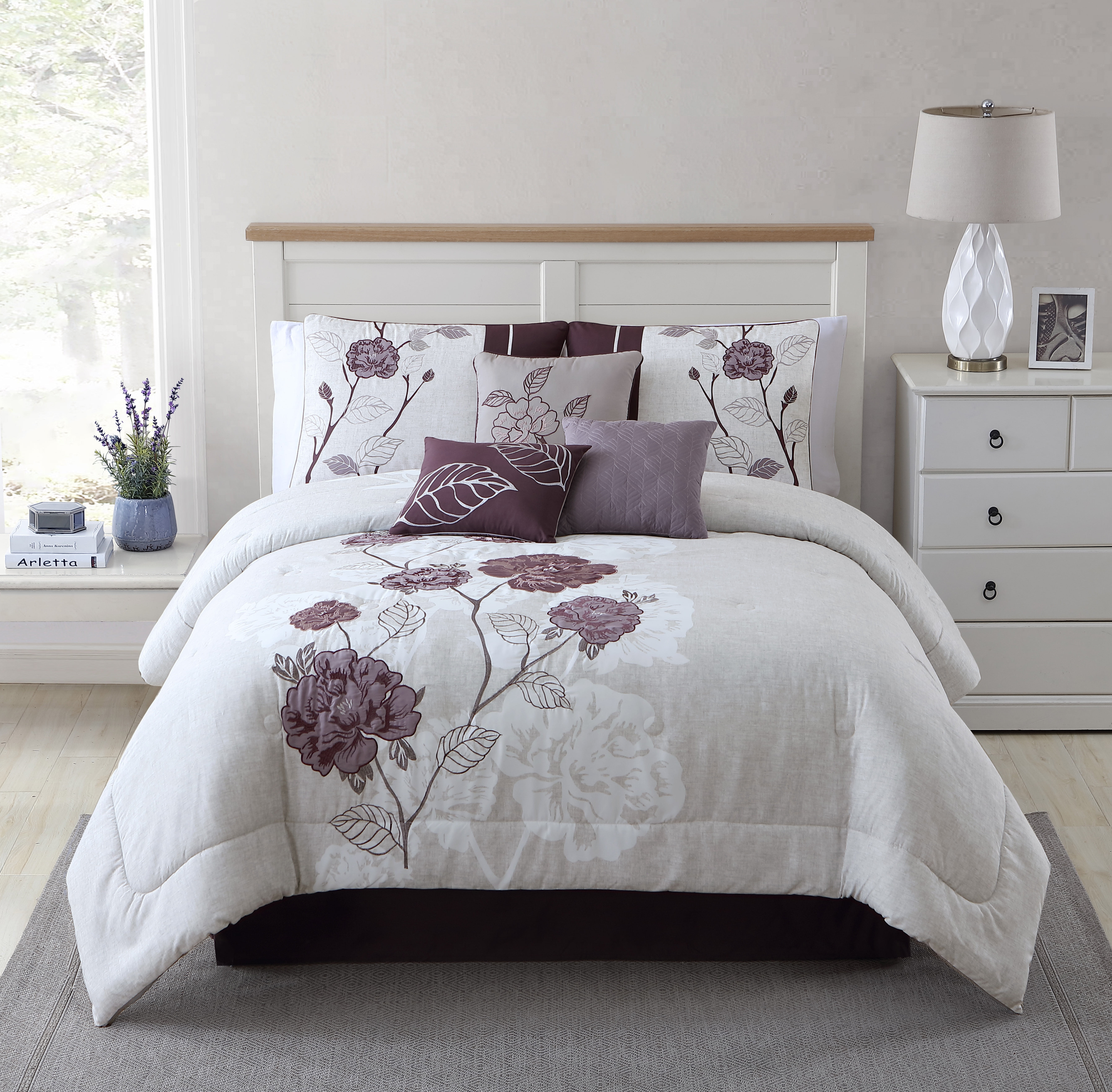 Mainstays Piece Roses Comforter Set Plum King Shams Dec Pillows