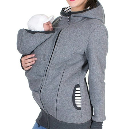 

TMGONE Women Maternity Striped Baby Pouch Carrier Hoodie Kangaroo Zipper Pregnancy Coat， Gray， XL