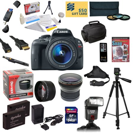 Canon EOS Rebel SL1 DSLR Camera with EF-S 18-55mm f\/3.5-5.6 IS STM With 64GB SDXC Card, 2 Batteries, Charger, .20x and 2.2x Lens, 3 PC Filter Kit, Flash, HDMI Cable, Gadget Bag, Tripod and More