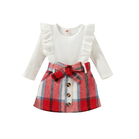 Genuiskids Toddler Girls Fall Outfits Solid Color Long Sleeve Ribbed Ruffle Tops + Plaid Skirt + Belt 9M-4T
Genuiskids Toddler Girls Fall Outfits Solid Color Long Sleeve Ribbed Ruffle Tops + Plaid Skirt + Belt 9M-4T