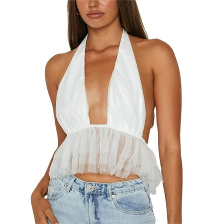 Amuver Women’s Casual Ruffle Halter Vest Fashion Solid Color Mesh Backless Exposed Navel Camisole
Amuver Women’s Casual Ruffle Halter Vest Fashion Solid Color Mesh Backless Exposed Navel Camisole
