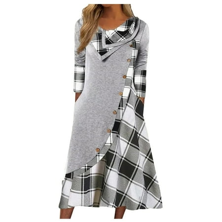 Women's Fall Fashion 2022 Plaid Stitching Button Pockets Pile Neck Long Sleeve Dress Neck Dress Dresses TBKOMH