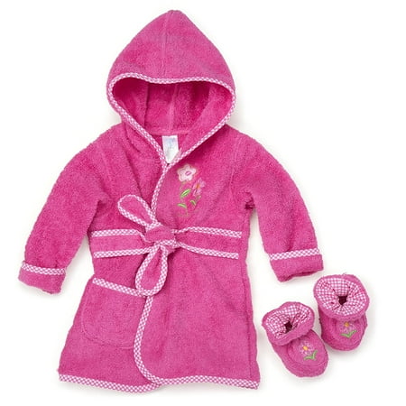 Spasilk 100% Cotton Hooded Terry Bathrobe with Booties Pink Flower 0-9 Months