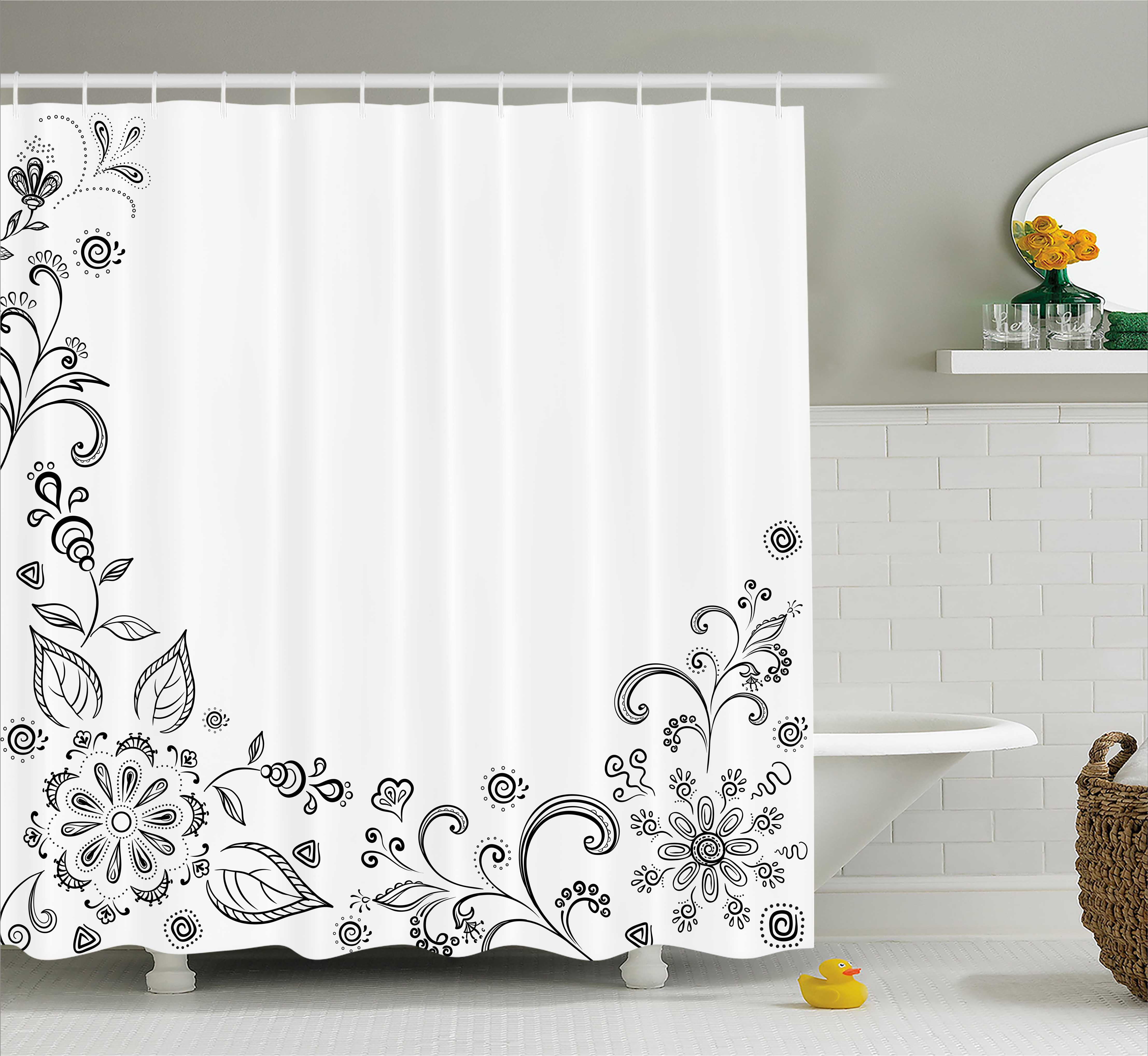 Black And White Shower Curtain Monochrome Floral Framework Herbs