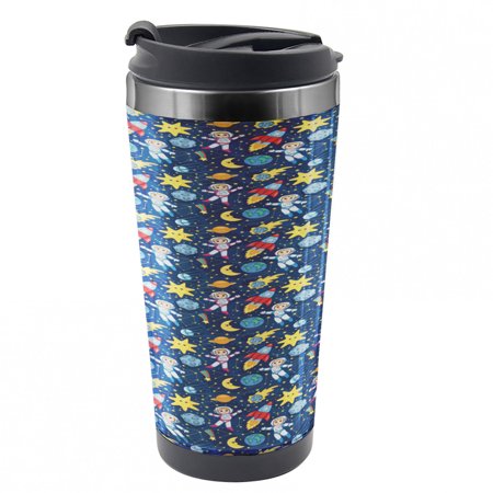 Cartoon Travel Mug, Cosmonaut Girl and Boy, Steel Thermal Cup, 16 oz, by Ambesonne