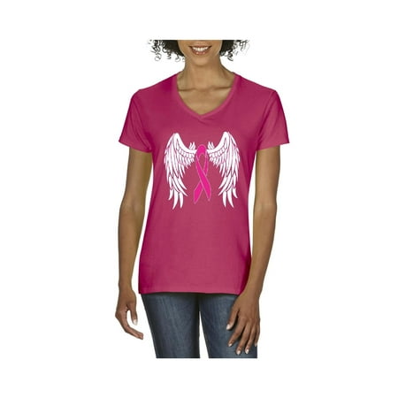 Pink Ribbon with Wings Breast Cancer Awareness Women's V-Neck T-Shirt Tee Clothes