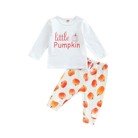 

Blotona Toddler Baby Halloween Long Pants Outfits Long Sleeve Letter Printed T-Shirt + Pumpkin Pattern Elastic Waist Pants Set