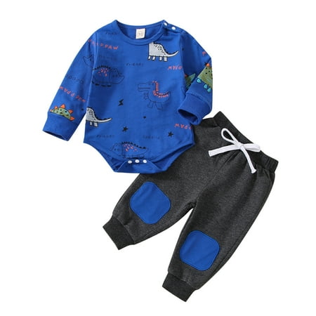 Baby Boys Girls Long Sleeve Cute Cartoon Dinosaur Romper Bodysuit Tops Patchwork Pants Trousers Tracksuit Outfit Set 2PCS Clothes 4t Boys Pants 6t Winter Clothes