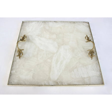 White Agate Serving Tray With Brass Handles | Square