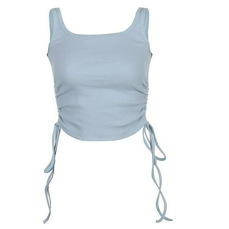 CYMMPU Women Clothing Women s Sexy Bustier Cropped Tank Summer Shirts Sleeveless Round Neck Tank Slim Fit Crop Tops Cami Solid Streetwear Light Blue