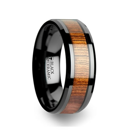 Acacia Koa Wood Inlaid Black Ceramic Ring With Bevels