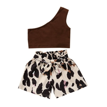 Dewadbow Toddler Baby Girls 2Pcs Summer Sleeveless Crop Tops Leopard Shorts