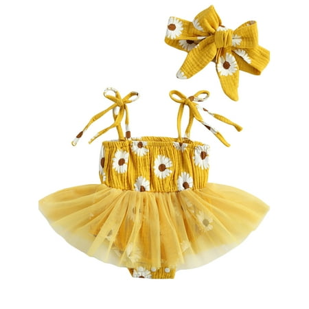 Livingsenburg Infant Baby Girls Strap Romper Daisy Printed Tutu Jumpsuit Outfits