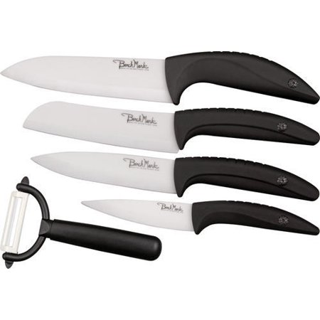 Benchmark Knives K022 Five Piece Ceramic Kitchen Set with Black Non-Slip Rubberized Handles Multi-Colored