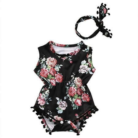Kiapeise Baby Girls Floral Tassel Sleeveless Romper + Headband Sets