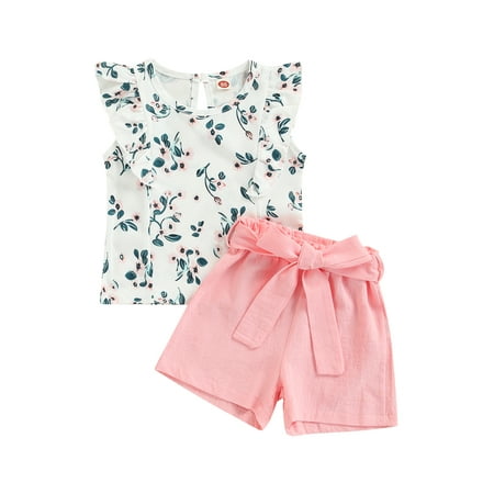 

TheFound Toddler Kids Girls Shorts Outfit Floral Sleeveless Ruffles Tank Tops+Bowknot Waisted Short Pants Summer Clothes