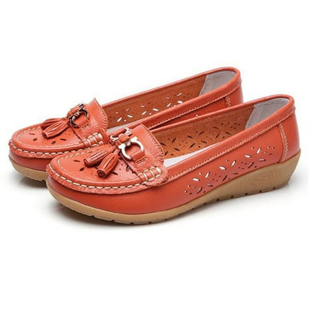 Women s Hollow Soft Leather Breathable Sandals Rubber Sole Slip-on Flat Shoes