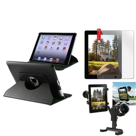 Insten Car Mount Windshield Holder+Black 360 Leather Case+Cover for iPad 2 3 4 Gen (Supports Auto Sleep\/Wake)