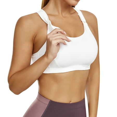 Junlan Women Racerback High Impact Front Adjustable Sports Bras Wireless Sport Workout Bra Push Up Crop Top(White XL)