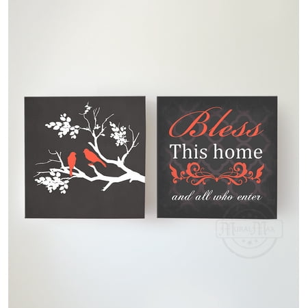 MuralMax Bless This Home & All Who Enter Bible Verse Art - Family Tree Canvas Wall Decor - Unique Inspirational Anniversary & Wedding Gifts For All Occasions - Set Of 2 - Color Charcoal - Size-20x20