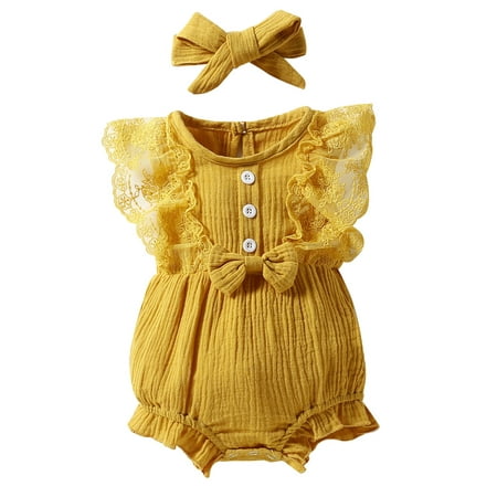 Calsunbaby Infant Baby Girl Cute Romper Lace Ruffles Sleeveless Round Neck Jumpsuit Summer Casual Bodysuits with Headband Yellow 0-6 Months
Calsunbaby Infant Baby Girl Cute Romper Lace Ruffles Sleeveless Round Neck Jumpsuit Summer Casual Bodysuits with Headband Yellow 0-6 Months