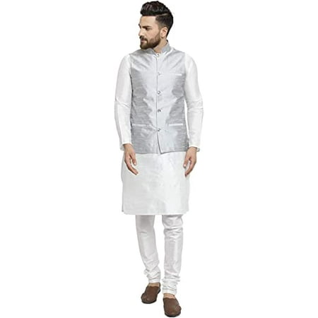 

Royal Kurta Men s Silk Blend Kurta Pyjama & Nehru Jacket Set (44 White-Silver)