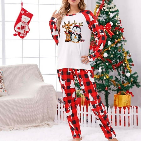 VBXOAE Parent-child Warm Christmas Set Printed Home Wear Pajamas Two-piece Mom Set