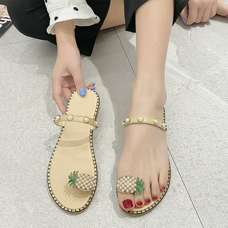 

STEADY Women s Sandals Pineapple Pearl Rhinestone Flat Slippers Bohemian Pearl Slippers Beige / 39