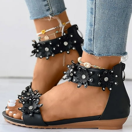 FZM Womens Wedges Sandals Back Zipper Casual Bohemian Sandals Beach Shoes Rhinestone Decor Floral Pattern Sandals