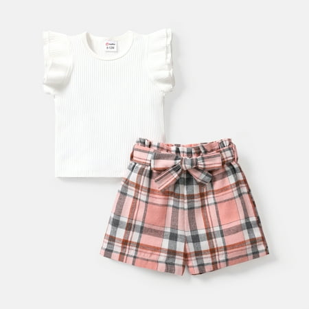 PatPat 2pcs Baby Girl Solid Cotton Ribbed Flutter-sleeve Top and Plaid Pattern Belted Shorts Set
PatPat 2pcs Baby Girl Solid Cotton Ribbed Flutter-sleeve Top and Plaid Pattern Belted Shorts Set