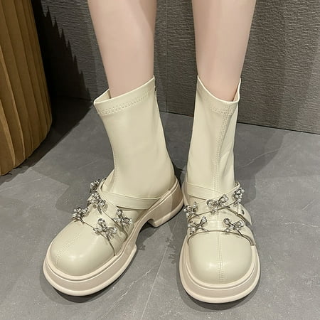 Autumn Winter Women British Style Martin Boots Bow Decor Zip Back Ankle Boots