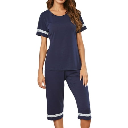 Cindysus Women Loungewear Tops And Cropped Pants Sleepwear Lace Stitching Nightwear Sleep Pajamas Sets Plain Lounge Set Navy Blue L
Cindysus Women Loungewear Tops And Cropped Pants Sleepwear Lace Stitching Nightwear Sleep Pajamas Sets Plain Lounge Set Navy Blue L