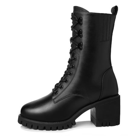Women‘s Block Heel Mid Calf Boots Round Toe Lace-up Non-slip Boots Black Square Heel Shoes