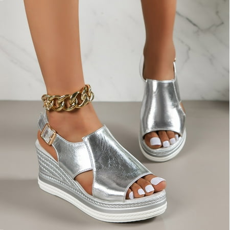 XIAQUJ Women Metallic Slingback Wedge Sandals Glamorous Summer Bohemian Sandals Sandals for Women Silver 7(38)