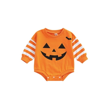 

Wassery Halloween Newborn Baby Romper Infant Oversized Pullover Tops Round Neck Stripe Long Sleeve Ghost Demon Expression Pattern Elastic Cuff Bodysuit Cute Fall Winter Outfit