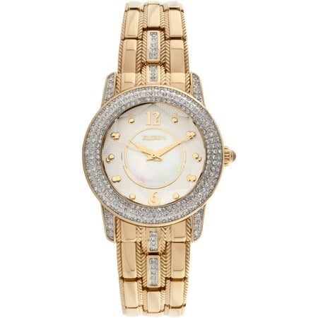 Elgin Women's Gold-Tone White Mother of Pearl and Sunray Dial Round Crystal Accented Bracelet Watch