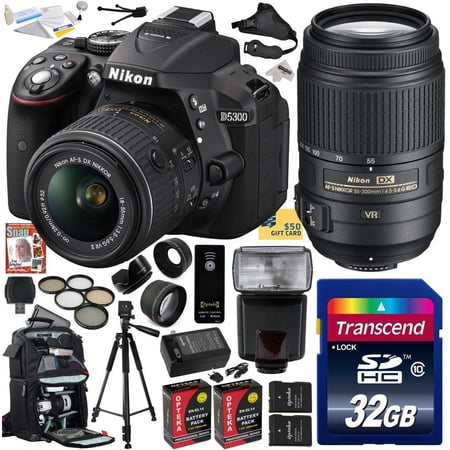 Nikon D5300 24.2MP Digital SLR Camera with 18-55mm & 55-300mm Lens with 32GB + Flash + Reader + Tripod + Backpack + HDMI + 2x Battery + Charger + Filters + Remote + Hood + Strap + $50 Gift Card