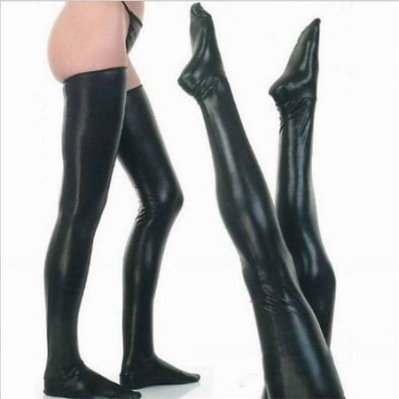 Men s Wet Look Latex Leather Thigh High Footed Stockings Tights Socks Clubwear