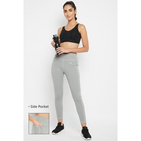 Clovia High-Rise Active Tights in Grey Melange with Side Pocket